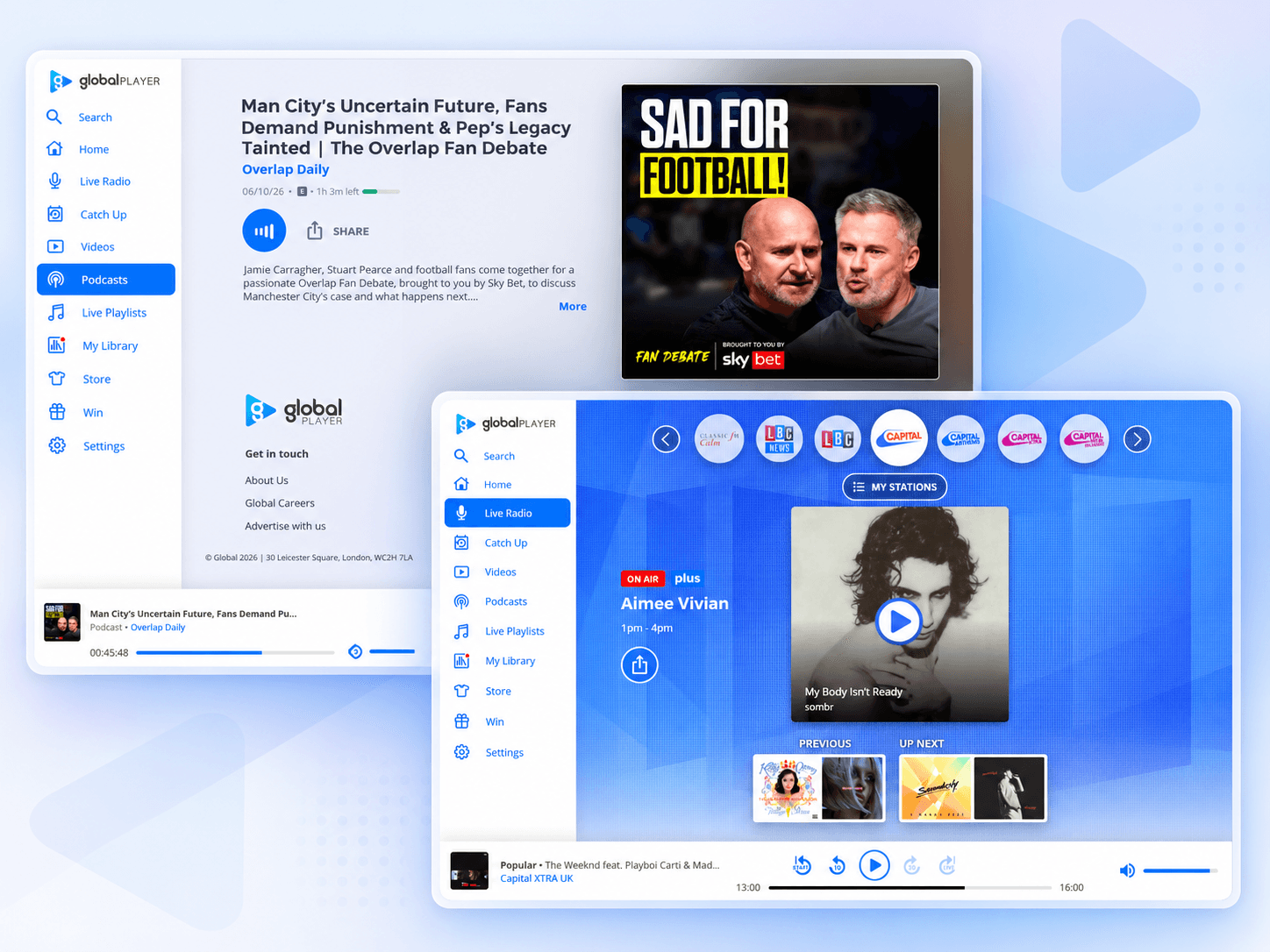 Global Player web app showing podcast playback and live radio